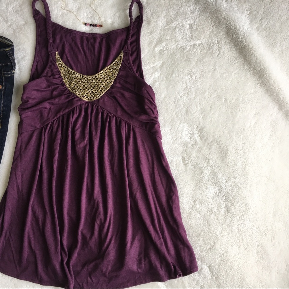 Gold Sequin Embellished Gypsy Collar Purple Tank - Picture 8 of 8